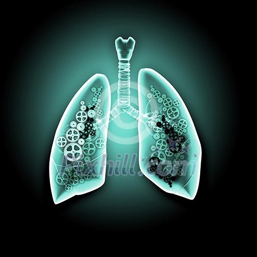 Illustration of human lungs with cog wheel mechanisms Illustration of human lungs with cog wheel mechanisms