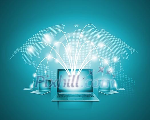 Laptops against globe blue illustration. Globalization concepts Laptops against globe blue illustration. Globalization concepts