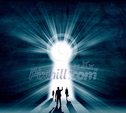 Silhouette of business people against black wall with key hole Silhouette of business people against black wall with key hole