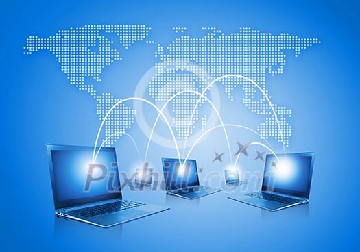 Laptops against globe blue illustration. Globalization concepts Laptops against globe blue illustration. Globalization concepts