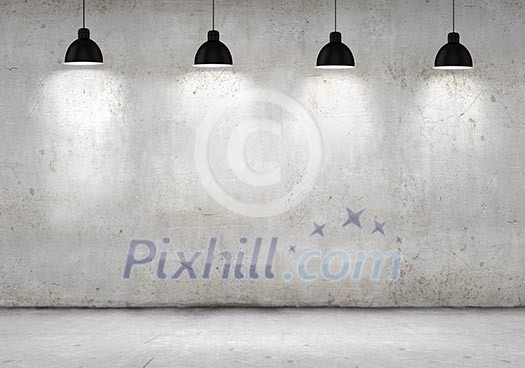 Blank cement wall with place for text illuminated by lamps above