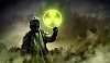 Man in respirator against nuclear background. Radioactivity concept