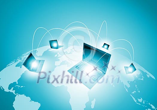Laptops against globe blue illustration. Globalization concepts Laptops against globe blue illustration. Globalization concepts