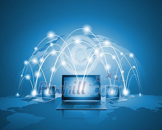 Laptops against globe blue illustration. Globalization concepts Laptops against globe blue illustration. Globalization concepts