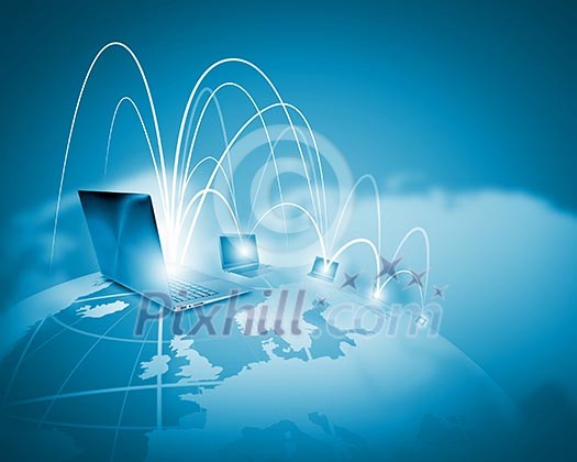 Laptops against globe blue illustration. Globalization concepts Laptops against globe blue illustration. Globalization concepts