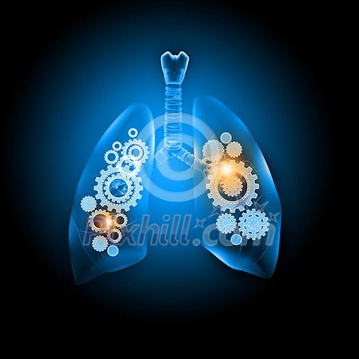 Illustration of human lungs with cog wheel mechanisms Illustration of human lungs with cog wheel mechanisms