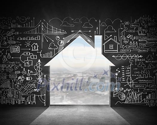 Business plan sketch on black wall. Construction concept Business plan sketch on black wall. Construction concept
