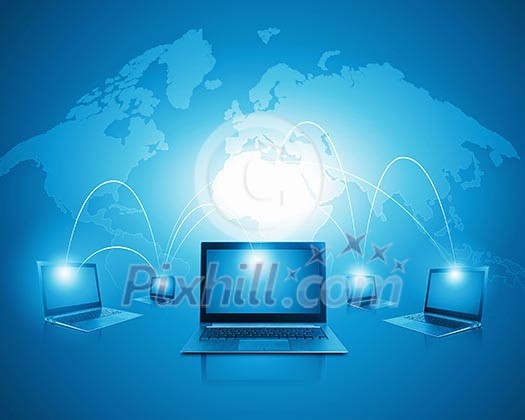Laptops against globe blue illustration. Globalization concepts Laptops against globe blue illustration. Globalization concepts