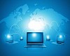 Laptops against globe blue illustration. Globalization concepts
