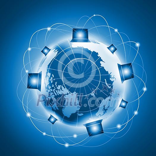 Laptops against globe blue illustration. Globalization concepts Laptops against globe blue illustration. Globalization concepts