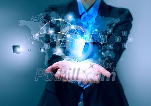Close up image of businesswoman with 3d images of devices in her hands Close up image of businesswoman with 3d images of devices in her hands