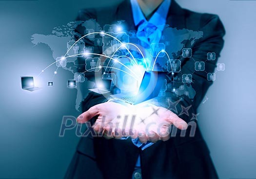 Close up image of businesswoman with 3d images of devices in her hands