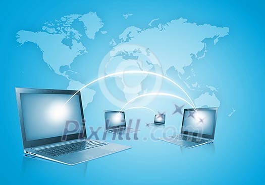 Laptops against globe blue illustration. Globalization concepts Laptops against globe blue illustration. Globalization concepts