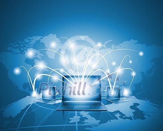 Laptops against globe blue illustration. Globalization concepts Laptops against globe blue illustration. Globalization concepts