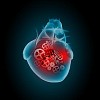 Human heart with cog and gear mechanisms against black background