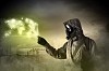 Image of man in gas mask and protective uniform touching globe illustration