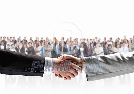 Handshake of business people with people at background Handshake of business people with people at background