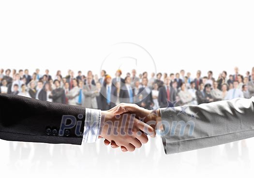 Handshake of business people with people at background