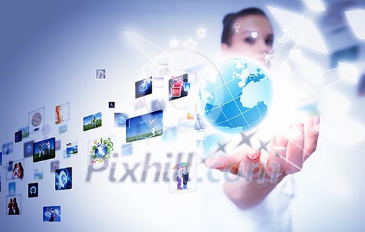 Woman holding illustration of globe in hand. Media technologies Woman holding illustration of globe in hand. Media technologies
