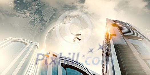 Plane flying above skyscrapers. Business travel concept Plane flying above skyscrapers. Business travel concept
