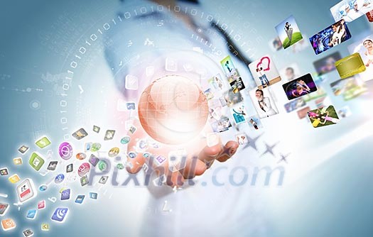 Woman holding illustration of globe in hand. Media technologies