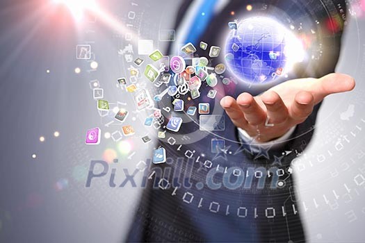 Person holding illustration of globe in hand. Media technologies Person holding illustration of globe in hand. Media technologies