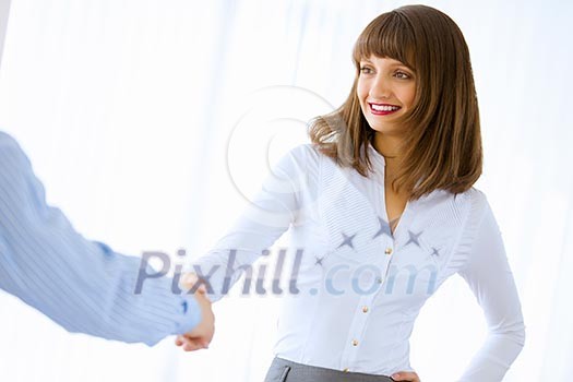 Image of businesswoman greeting colleague. Partnership concept Image of businesswoman greeting colleague. Partnership concept