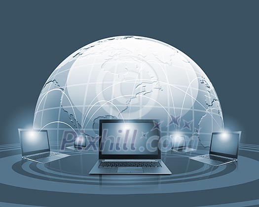 Laptops against world map background. Connection and cooperation Laptops against world map background. Connection and cooperation