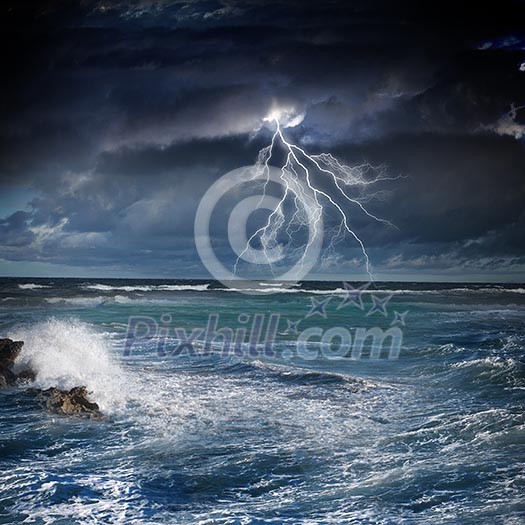 Image of night stormy sea with big waves and lightning