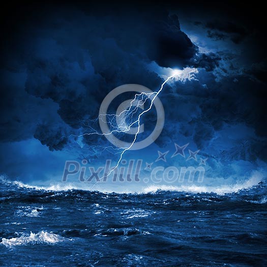 Image of night stormy sea with big waves and lightning