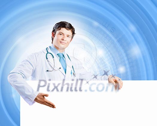 Image of handsome doctor holding white blank banner Image of handsome doctor holding white blank banner
