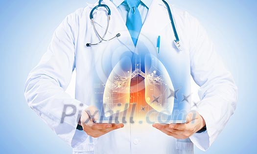 Close up of doctor's body holding tablet pc with media illustration Close up of doctor's body holding tablet pc with media illustration