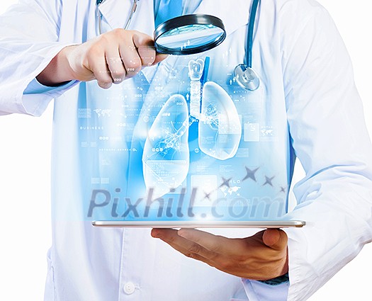 Close up of doctor's body holding tablet pc with media illustration Close up of doctor's body holding tablet pc with media illustration