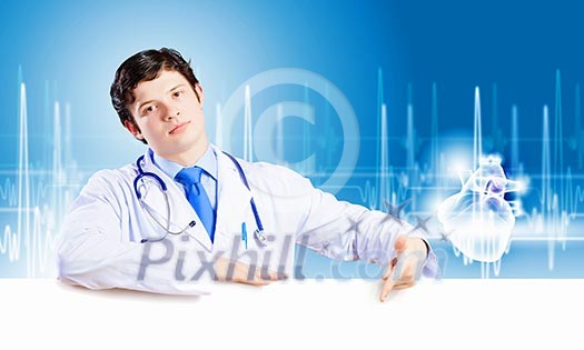 Image of handsome doctor holding white blank banner Image of handsome doctor holding white blank banner