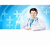 Image of handsome doctor holding white blank banner