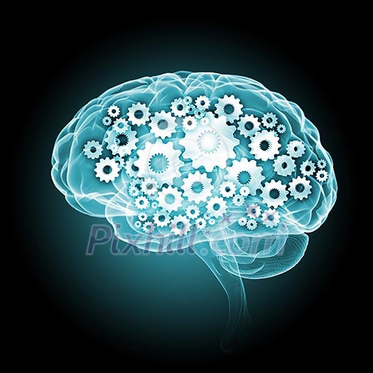 Human brain silhouette with gears and cog wheel elements against black background Human brain silhouette with gears and cog wheel elements against black background