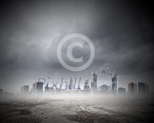 Background image of modern city in mist Background image of modern city in mist