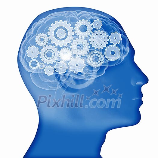 Human head silhouette with gears and cog wheel elements against white background Human head silhouette with gears and cog wheel elements against white background