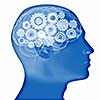 Human head silhouette with gears and cog wheel elements against white background