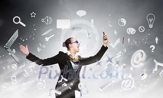 Angry businesswoman screaming aggressively in mobile phone Angry businesswoman screaming aggressively in mobile phone