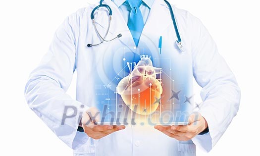 Close up of doctor's body holding tablet pc with media illustration Close up of doctor's body holding tablet pc with media illustration