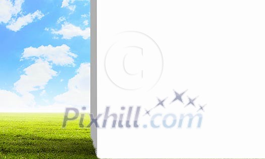 Background image with blank wall and nature landscape Background image with blank wall and nature landscape