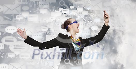 Angry businesswoman screaming aggressively in mobile phone Angry businesswoman screaming aggressively in mobile phone