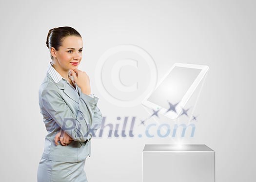 Image of businesswoman and white tablet pc. New technologies Image of businesswoman and white tablet pc. New technologies