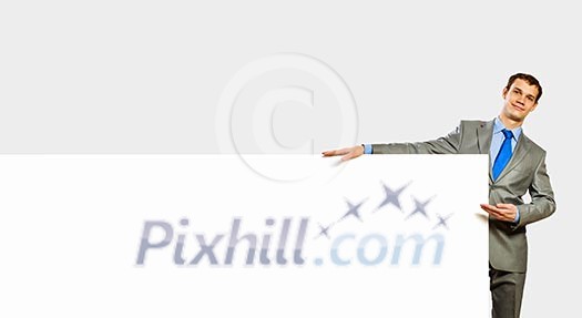 Advertising manager with billboard. Place for text