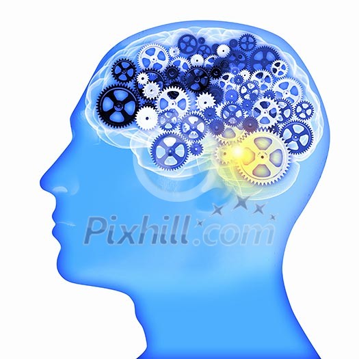 Human head silhouette with gears and cog wheel elements against white background Human head silhouette with gears and cog wheel elements against white background