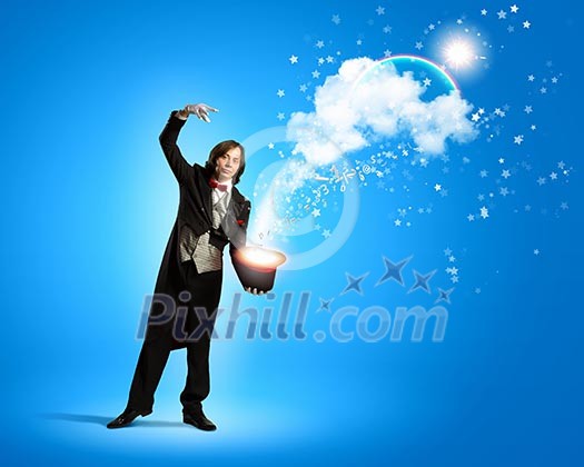Image of magician holding hat with lights and fumes going out Image of magician holding hat with lights and fumes going out