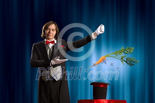 Image of magician taking carrot out of magic hat Image of magician taking carrot out of magic hat