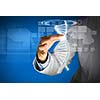 Woman scientist touching DNA molecule image at media screen