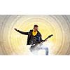 Young man, rock musician in jacket with guitar